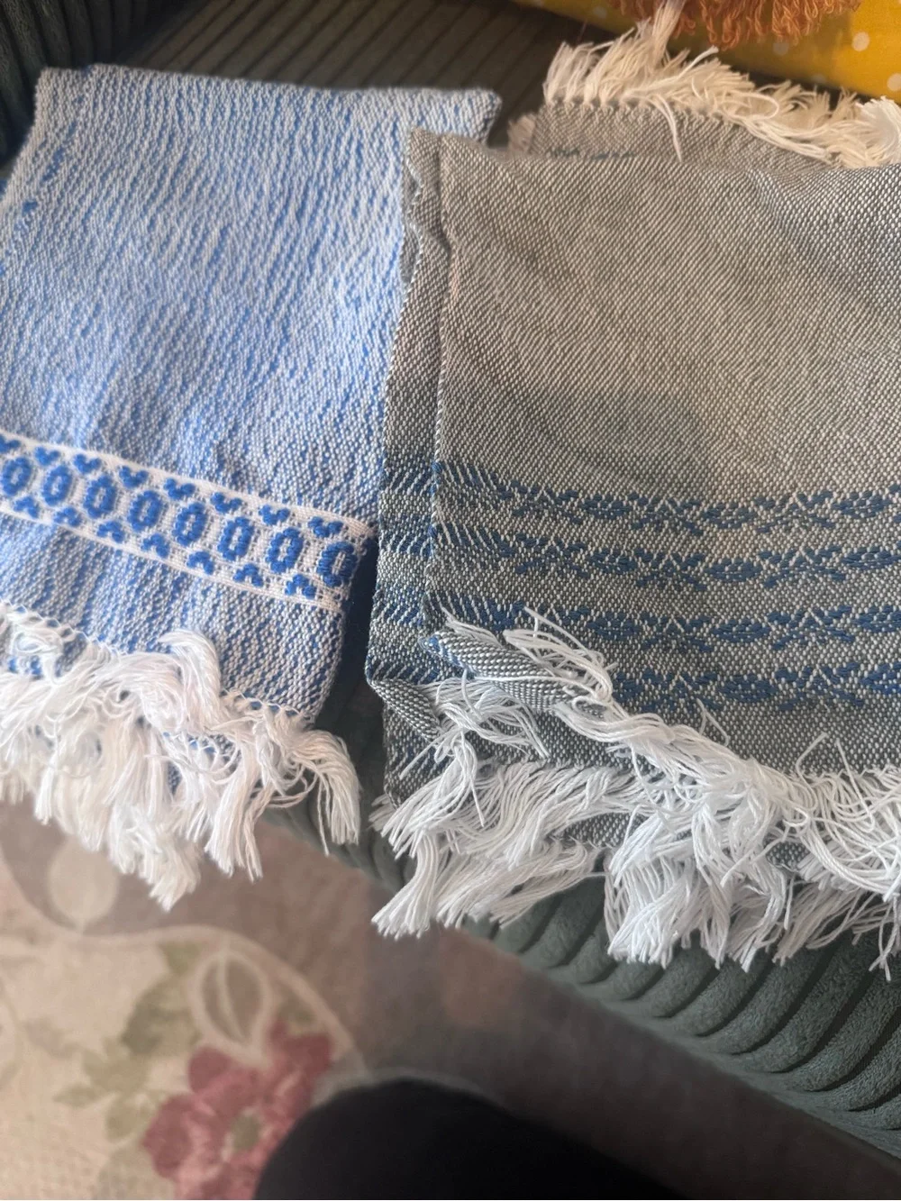 SET OF 5 Artisan Woven Boho Hand Towels - Blue & White hand made vintage